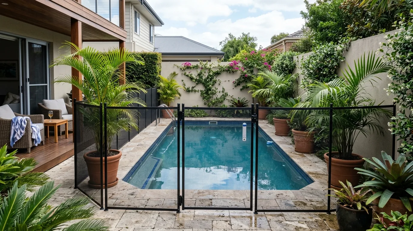 Pool With Mesh Safety Fence